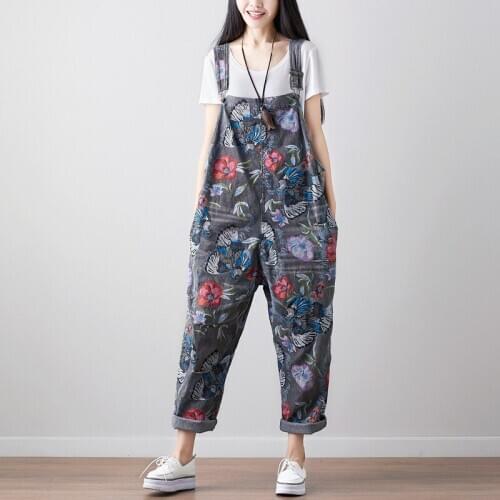 Womens Casual Printed Baggy Trousers Wide Leg Dungarees Cotton Romper Jumpsuit Playsuit