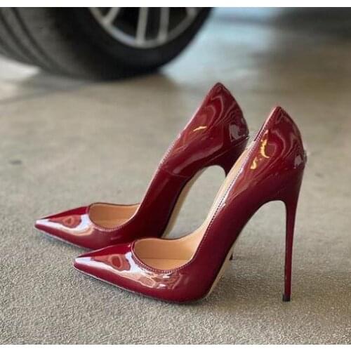Moraima Snc Pointed Toe High Heel Shoe Sexy Thin Heels Woman Dress Shoe Wine Red Patent Leather Stiletto Heels 12/10cm