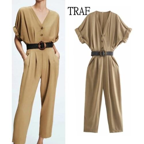 TRAF Jumpsuit Women Za 2021 Summer Fashion With Belt Loose Jumpsuit Office Woman Clothes Vintage V Neck Buttons Casual Chic Top