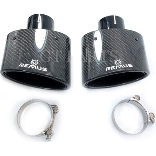 1 pair Oval slanted Carbon Fiber Car black Exhaust Pipe Muffler Tip Glossy Black Carbon Fiber Curly Edge with REmus logo