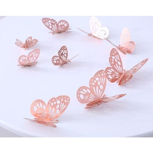 12 Pcs/Set 3D Rose Gold Pink Hollow Stickers Butterfly for Kids Rooms Home Wall Window Decor DIY Mariposas Fridge Decoration