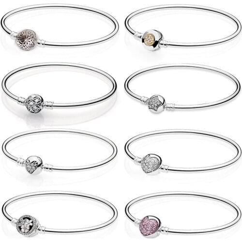 2020 NEW 100% 925 Sterling Silver Moments Bangle Bracelet With Sparkling Heart Clasp Fit Women Original Fashion Jewelry Gift