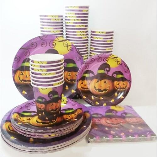 24pcs/set Halloween Disposable Tableware Sets Paperboard 4 Colors Decorative Tableware Favor Accessories For Wedding Home Party