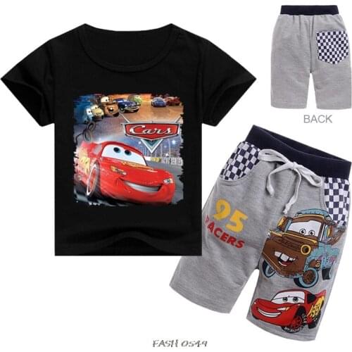 95 Car Boys Cartoon Printed Clothes 2pc Set Kids Short Sleeve Tees Pants Boy Costumes Anime Tops + Shorts Summer Cotton Suits