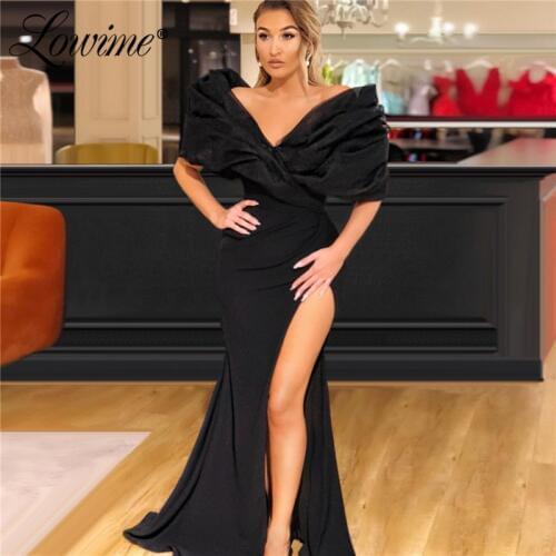 Arabic Black V Neck Evening Dress Mermaid Off Shoulder High Slit Side Party Dress Long Prom Celebrity Dress Dubai African Women