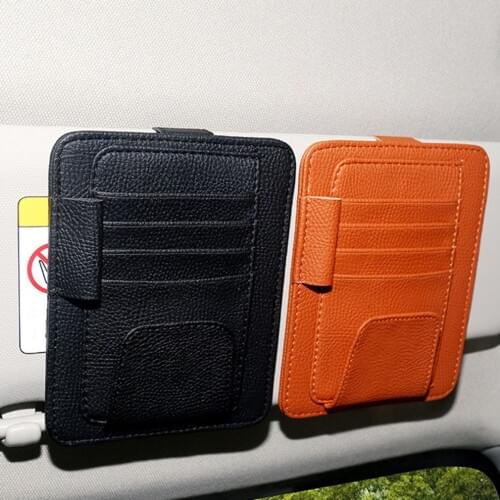 Car Sun Visor Organizer Holder Multi-function Glasses Card Clip Leather Holder Universal Car Auto Card Clip Pouch Bag Orange