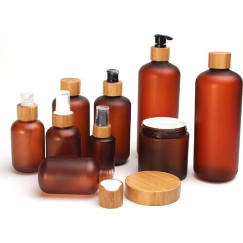 150g 250g frosted amber PET plastic container cream jar with wooden lids 8oz frosted amber PET bottles with bamboo pump cap