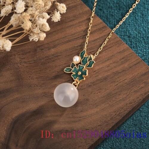 White Jade Bead Pendant Zircon Amulet Chinese Gifts Natural Jewelry Fashion Chalcedony 925 Silver Gemstone Women Charm Necklace
