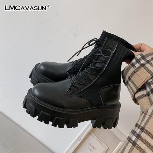 LMCAVASUN Patent Leather Boots for Women Lace Up Platform Boots Women Winter Keep Warm Non-slip Short Booties Ladies