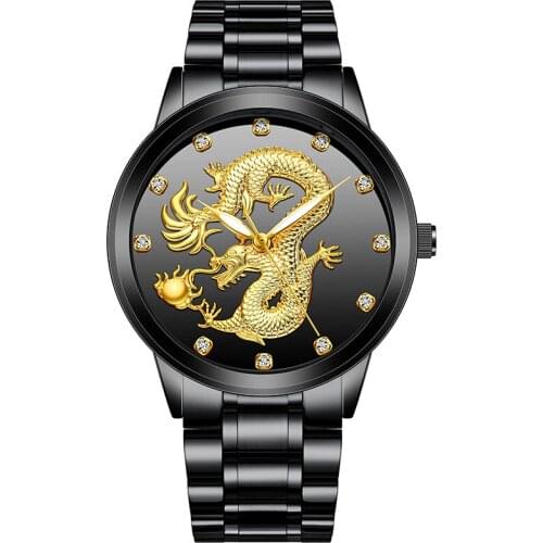 Hot Sell Classic Chinese Style Quartz Wristwatch Golden Dragon Relief Business Watch for Men Gold Stainless Steel Watches