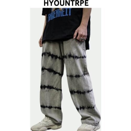Mens Irregular Tie-dyed Denim Pants Fashion Zipper Straight Elastic Waist Loose Wide Legs Jeans Hip Hop Streetwear Casual Jogger