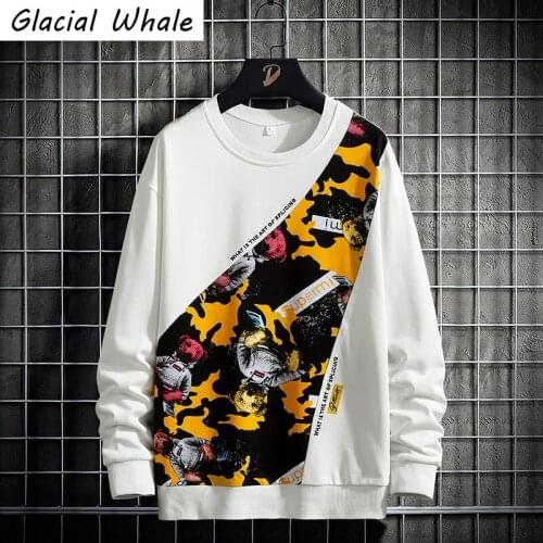 GlacialWhale Crewneck Sweatshirts Men 2021 Harajuku Japanese Streetwear Hip Hop Oversized Yellow Hoodie Sweatshirts Hoodies Men
