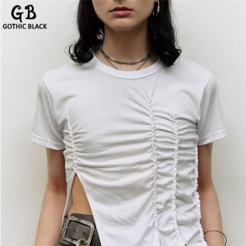 Gothblack T Shirt Pleated Patchwork Waist Split O Neck Solid Asymmetric Top Loose Simple Causal Fashion Streetwear Women Outfits