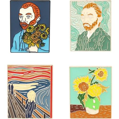 Oil Painting Scream Sunflower Van Gogh Cartoon Brooch Pins Enamel Metal Badges Lapel Pin Brooches Fashion Jewelry Accessories