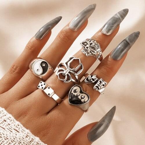 Tocona 6pcs/sets Punk YiYang Heart Joint Ring Sets for Women Men Spider Skull Silver Color Alloy Metal Party Jewelry Anillo19783