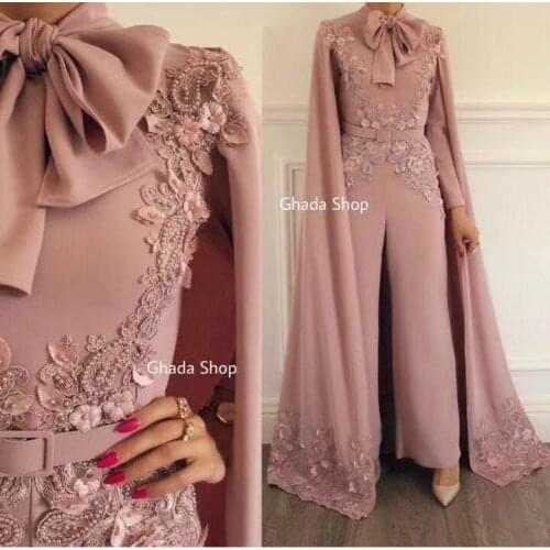 Jumpsuit Prom Dresses Real Picture High Collar Bowknot Lace Appliques with Cape Chiffon Pearls Evening Dresses Pants