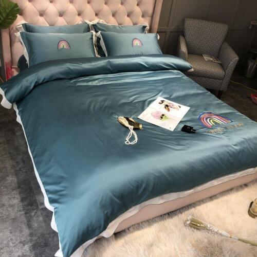 Luxury 100% Super Soft Washed Silk Bedding Sets Duvet Cover 4Pcs Brief Queen King Size Skin-friendly breathable reactive Rainbow