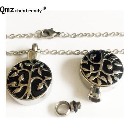 Stainless Steel Peaceful Tree Pattern Round Pendant Necklace Cremation Keepsake Memorial the Tree of Life Ash Urn Unisex Jewelry