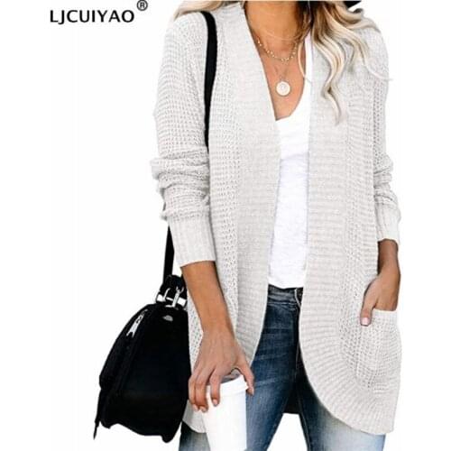 LJCUIYAO Winter White Cardigan Sweater Womens Knitted Jacket Fashion Oversized Coat Double Pocket Design V-Neck Streetwear Tops