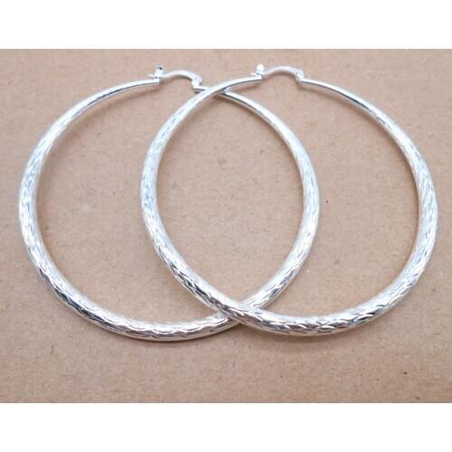Fashion 925 Embossed Silver colorPlated Round Fishtail Large Hoop Earring Charm Large Lady Round Hoop Earring Jewelry 68X68MM