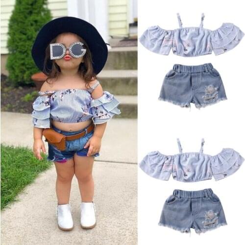 Fashion 2PCS Kid Baby Girl Clothes Off Shoulder Striped Ruffle Sleeve T-shirt Ripped Denim Shorts Summer Outfit Set