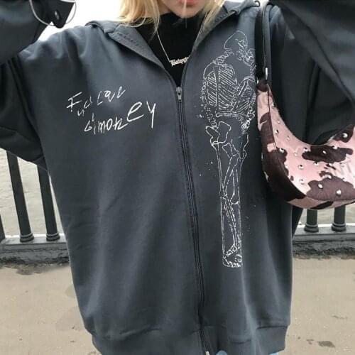 2000s Dark high street retro dark gray hooded sweater zipper jacket men and women street cardigan jacket y2k tops E-girl jacket