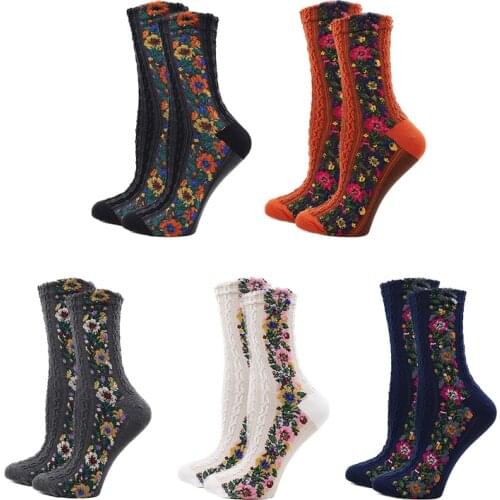 RMSWEETYIL Nordic Flower Floral Women Socks Cute Vintage Delicate Embroidered Cotton Stripe Ladies Girls Casual Dress Crew Sock