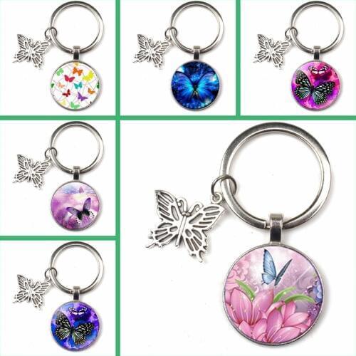 New Creative Keychain Butterfly Flower Pattern Key Ring Glass Pendant Female Fashion Jewelry Quality Bag Car Charm Key Chain Kid