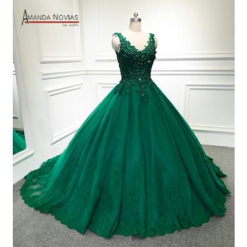 Straps Green Wedding Dress With Flowers Real Work Photos