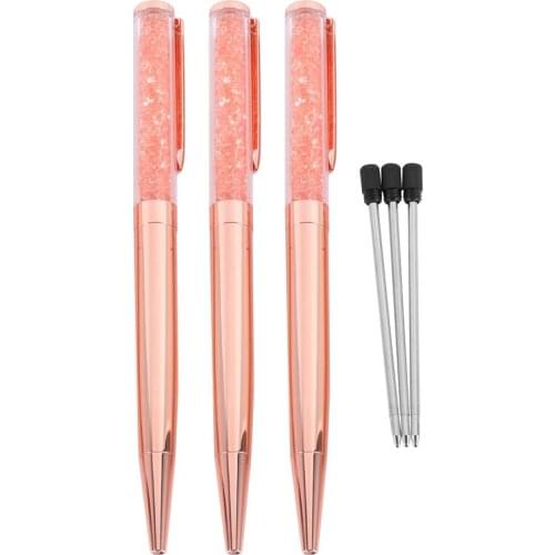 Rose Gold Pen Bling Crystal Ball Point Pen Black Ink Pen with 3 Extra Refills (Rose Gold 3 Pack)