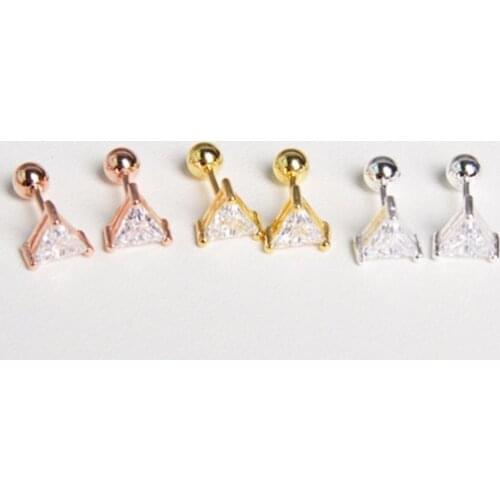 925 Sterling Silver Earring Simple Triangle/ Bow Zircon Screw Stud Earring Sweet Cute Ear Bone Nail Women Girl Silver Ear Jewely