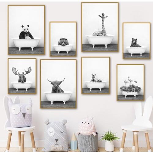 Elephant Panda Giraffe Flamingos Bathroom Toilet Canvas Painting Nordic Animal Bathtub Poster Black And White Prints Home Decor