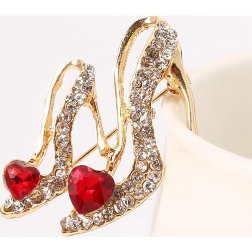 High Heels Shoes Brooch Crystal Red Enamel Sandals Brooches Corsage Clips For Suit Scarf Dress Women Girls Jewelry Pins Broach