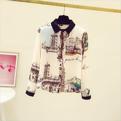 Italy style print womens elegant Shirts Top High quality Chiffon long sleeves Blouses&Shirt C806