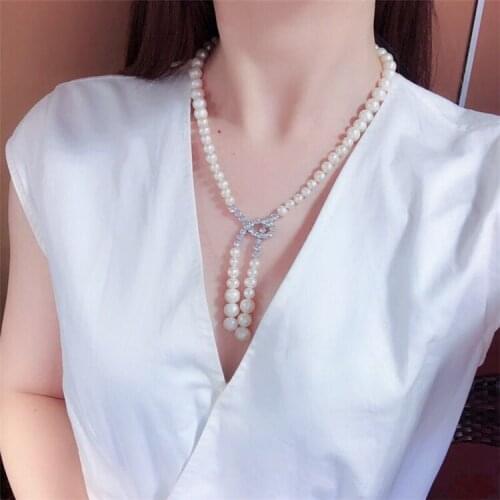 Womens fashion jewelry 6-7-8-9mm white freshwater pearl micro inlay zircon accessories pendant sweater necklace long 48cm