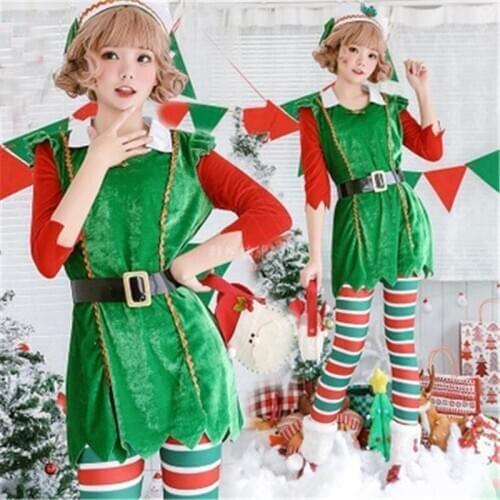 Women Christmas Tree Cosplay Santa Claus Stage Performance Clothing Sweet Girl Christmas Costumes with Dress Hat Belt Pants