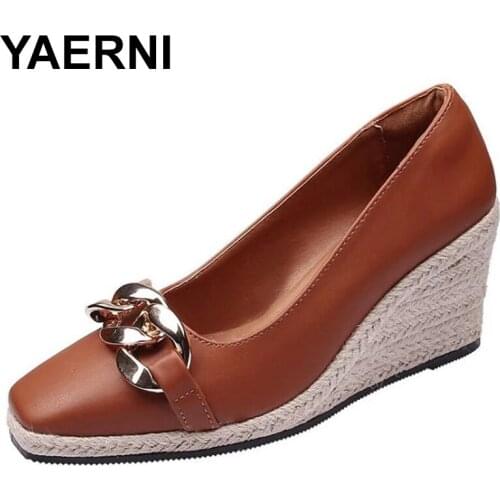 YAERNI Womens Wedges Sandals Spring Metal Button Straw Single Shoes Women Retro Square Toe Buckle High Heel Pumps