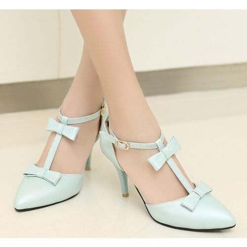 Big size 32-43 high quality 2019 summer fashion women bowtie buckle cover heel med thin heel sandals 3 colors