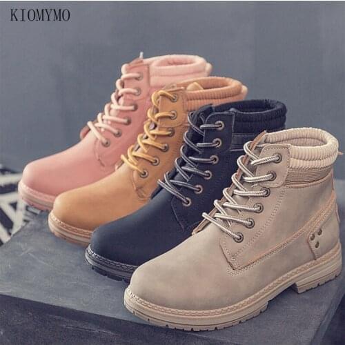 KIOMYMO Womens Boots Short Boots Martin Boots Womens Leather Boots Lace-Up 2021 Fall Winter New Products Womens Boots