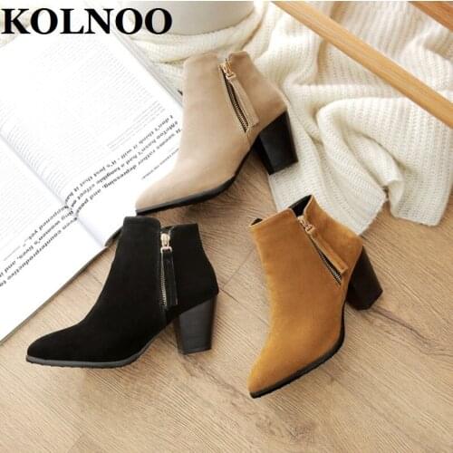 Kolnoo New Winter Style Womens Ankle Boots Versatile Matte-Suede Pointed-Toe Martin Boots Large Size 34-50 Fashion Short Shoes