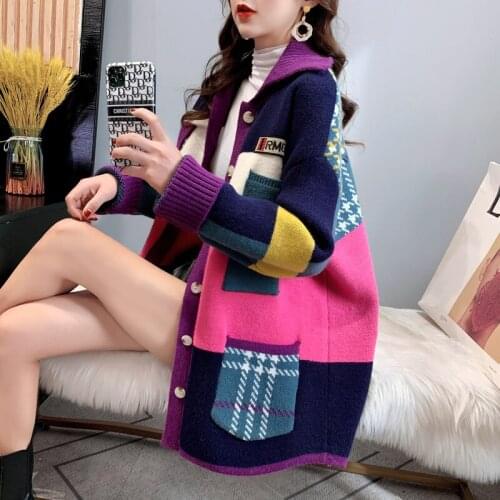 Autumn Winter Women Long Cardigan 2021 Contrast Print Pocket Button Oversize Sweater Cardigan Female Street Jacket Coat
