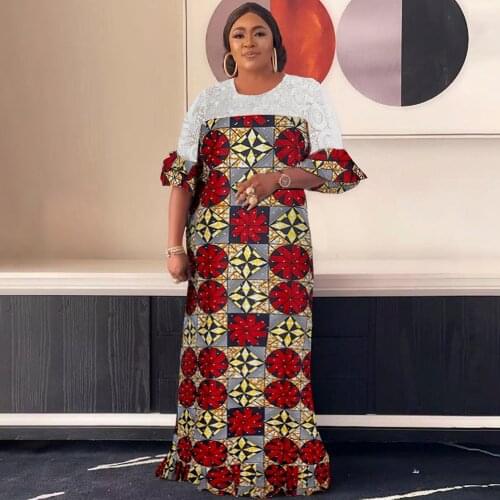 H&D New African Print Wax Lace Dress Women Wedding Party Dresses Ruffle Sleeve Long Dresses Ankara Kaftan Abaya Plus Size Boubou