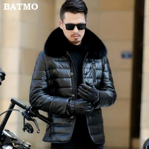 Batmo 2018 new arrival winter high quality PU 90% white duck down fox fur collars jackets men,mens brown leather coat 802