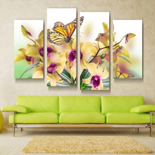 4 Panel Butterfly Flower Canvas Wall Art Oil Painting Modern Printed Cuadros Decoracion Wall Picture For Bed Room Unframed XY929