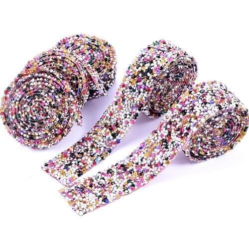 5 Sizes 1 yard Mix Color Rhinestones Trimming Hot Fix Ribbon Crystal Rhinestones Iron On Mesh Glue Bottom for DIY Garments B1284