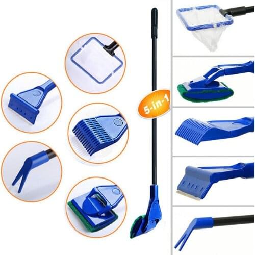 5 In 1 Aquarium Tank Cleaner Set Fish Net Gravel Rake Algae Scraper Grass Fork Sponge Brush Glass Fish Tank Cleaning Tools