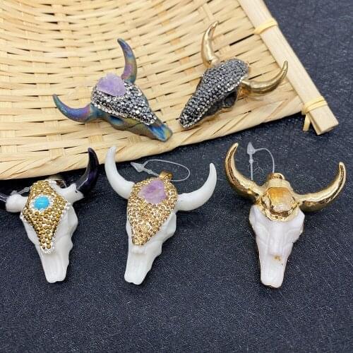 Acrylic Bull Head Pendant Sticker Diamond Inlaid Amethyst Hip Hop Punk Black White DIY Making Retro Necklace Pendant Jewelry