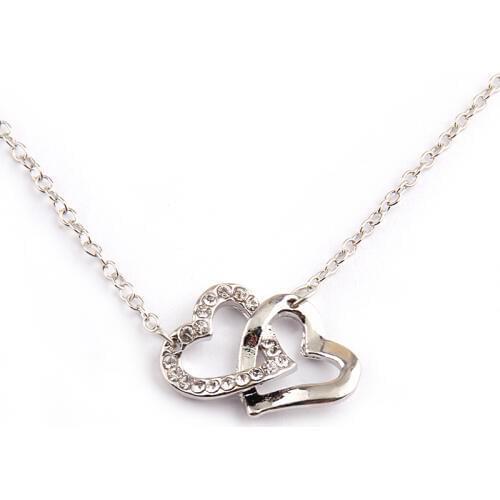 Free shipping Fashion white crystal double heart connected hug holiday gift Women Necklace for lady