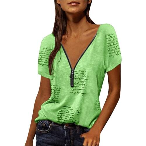 Fashion Zipper V-Neck Blouses Womens Summer Letter Prints Shirts Casual Loose Short Sleeve Tops blusas mujer блузка женская