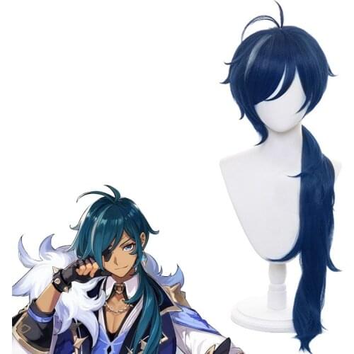 Genshin Impact Kaeya Cosplay Wig Men Long Ink-Blue Wigs Anime Costume Heat Resistant Synthetic Hair Halloween